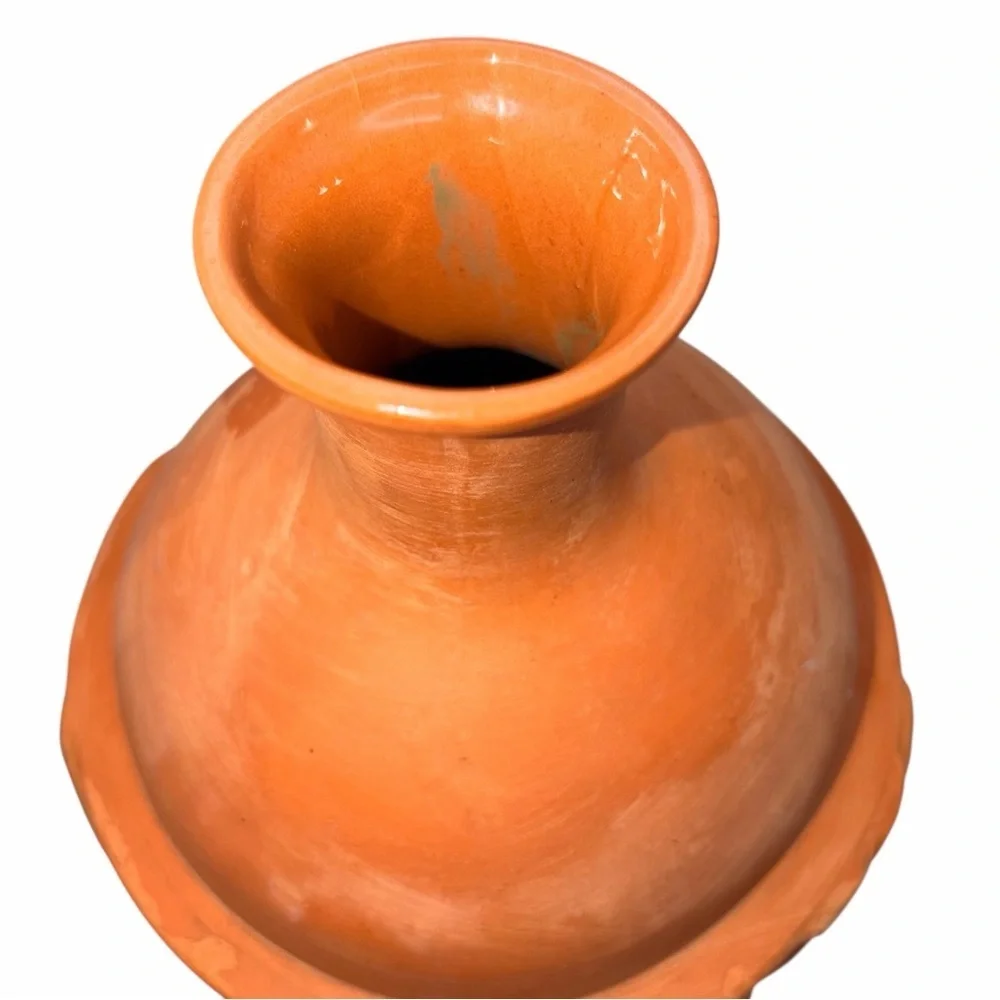 VTG Terracotta Vessel Raised Leaf Fruit Motif Vase With Brass Stand